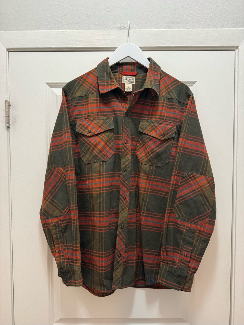 LL Bean Shirt Plaid Flannel Western Snap Elbow Pads Outdoors